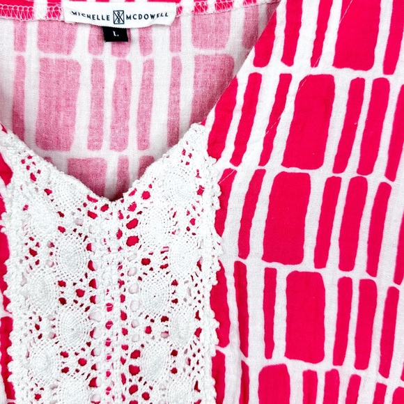 Michelle McDowell Gauze Babydoll Dress Pink White Geometric Print Crochet Lace - Picture 3 of 11